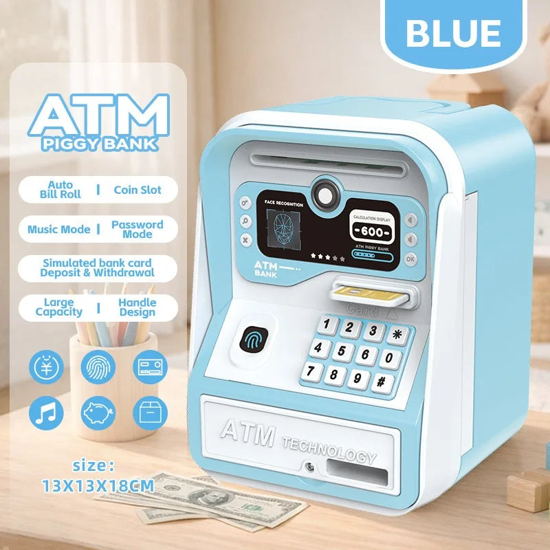 Une tirelire distributeur automatique bleu clair avec reconnaissance faciale et clavier sur une surface en bois.