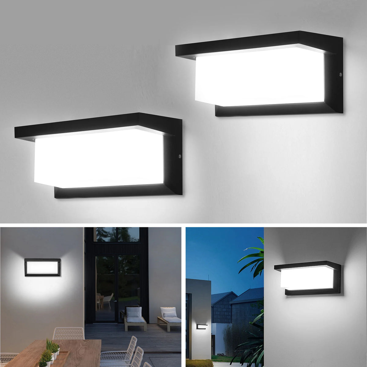 A black rectangular wall sconce with a bright white light illuminates a white wall.