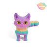 A purple cat figurine with a rainbow-colored tail, made of PLA plastic.