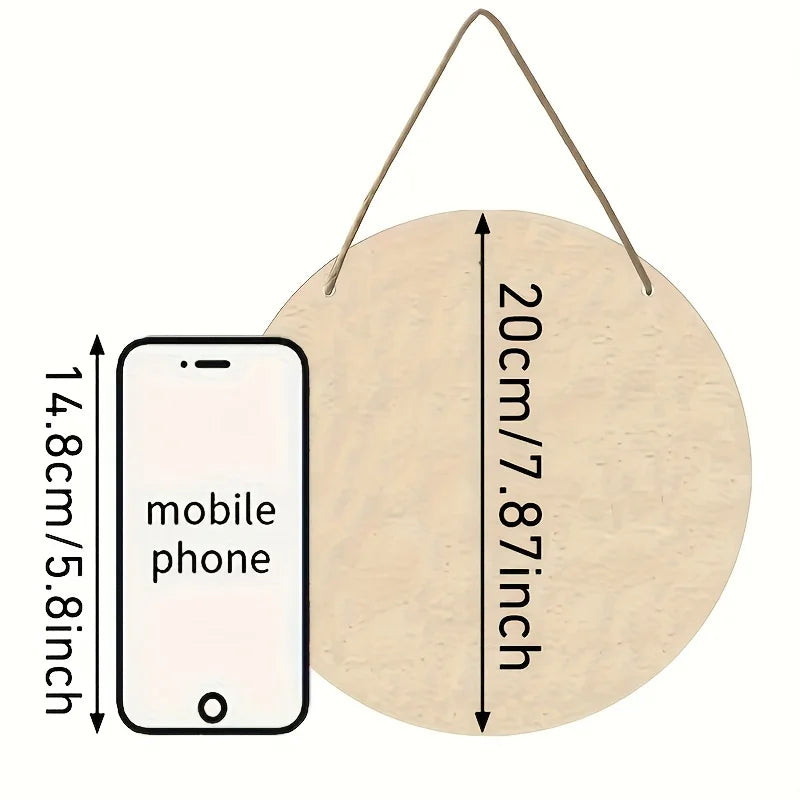 A round wooden sign with a hanging loop, measuring 20cm (7.87 inches) in diameter, featuring a mobile phone silhouette.
