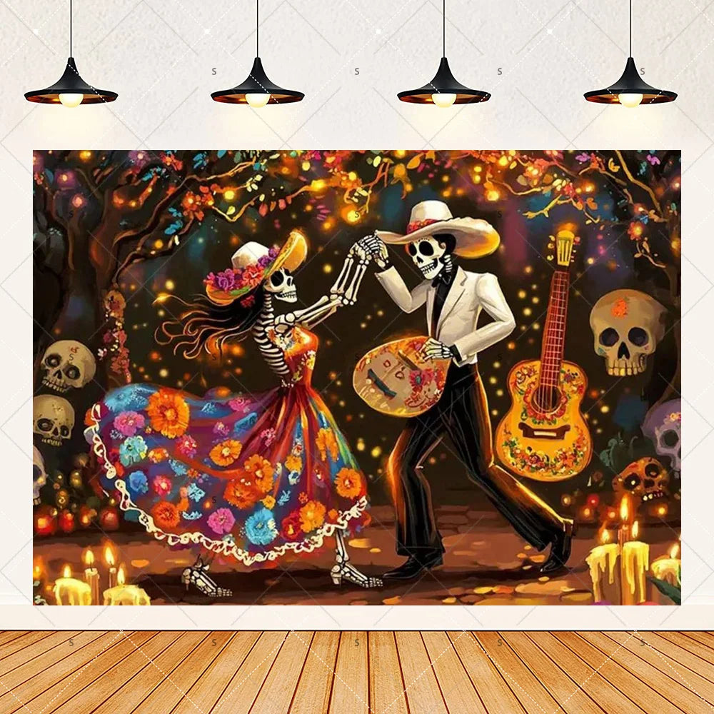 A vibrant Day of the Dead fiesta photo backdrop featuring a colorful floral skull design with skeletons and glowing candles.