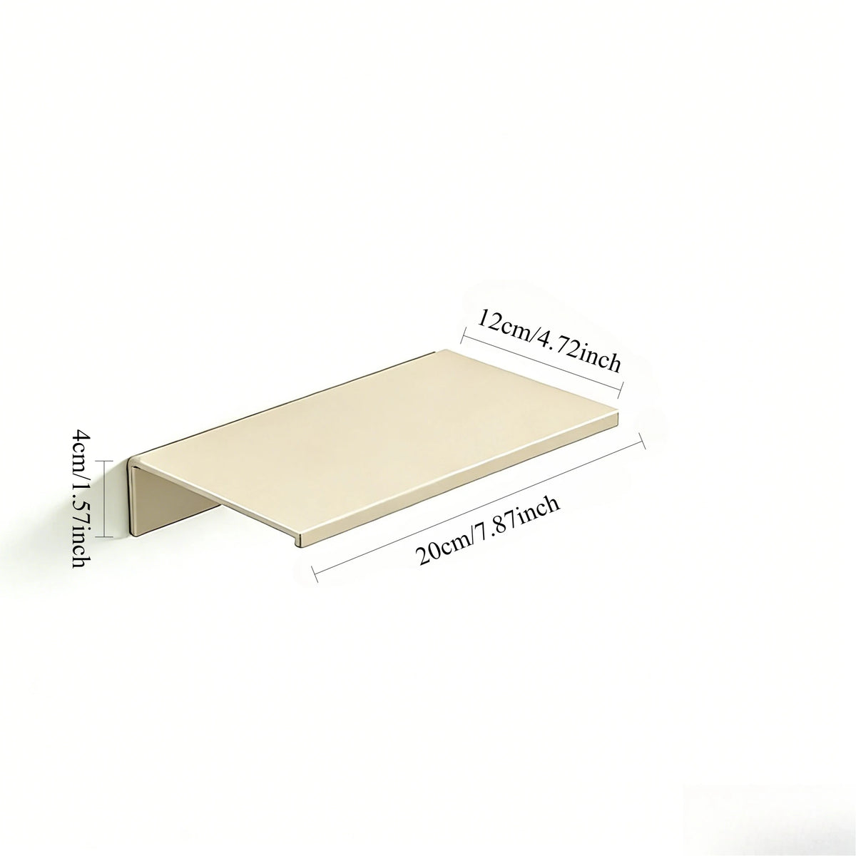 A light beige aluminum floating wall shelf measuring 20cm by 12cm with a 4cm depth.