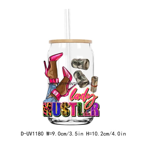 A clear tumbler glass featuring a pink high-heeled shoe design and the text Lady Hustler