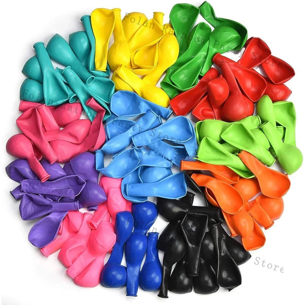A collection of matte latex balloons in various shades of pink, blue, and green arranged for a garland.