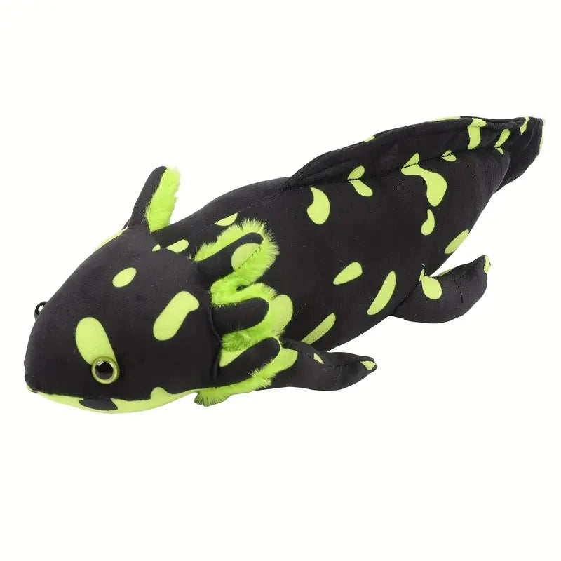 A black and neon green axolotl plush toy with textured skin and large eyes.
