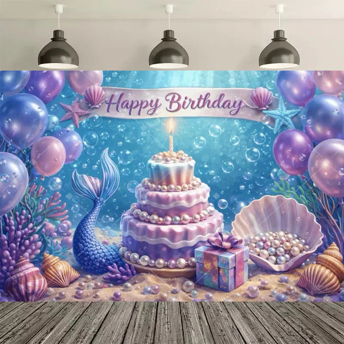 A vibrant blue mermaid tail birthday backdrop featuring a tiered purple cake surrounded by iridescent bubbles and sea flora.