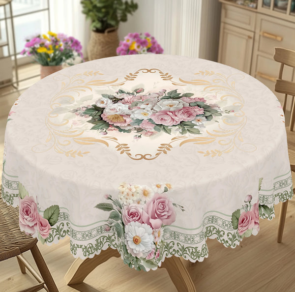 Vintage French floral tablecloth featuring beige, rose, and daisy prints on a round table.