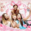 Cute birthday party photo props featuring girls with pink bows and balloons