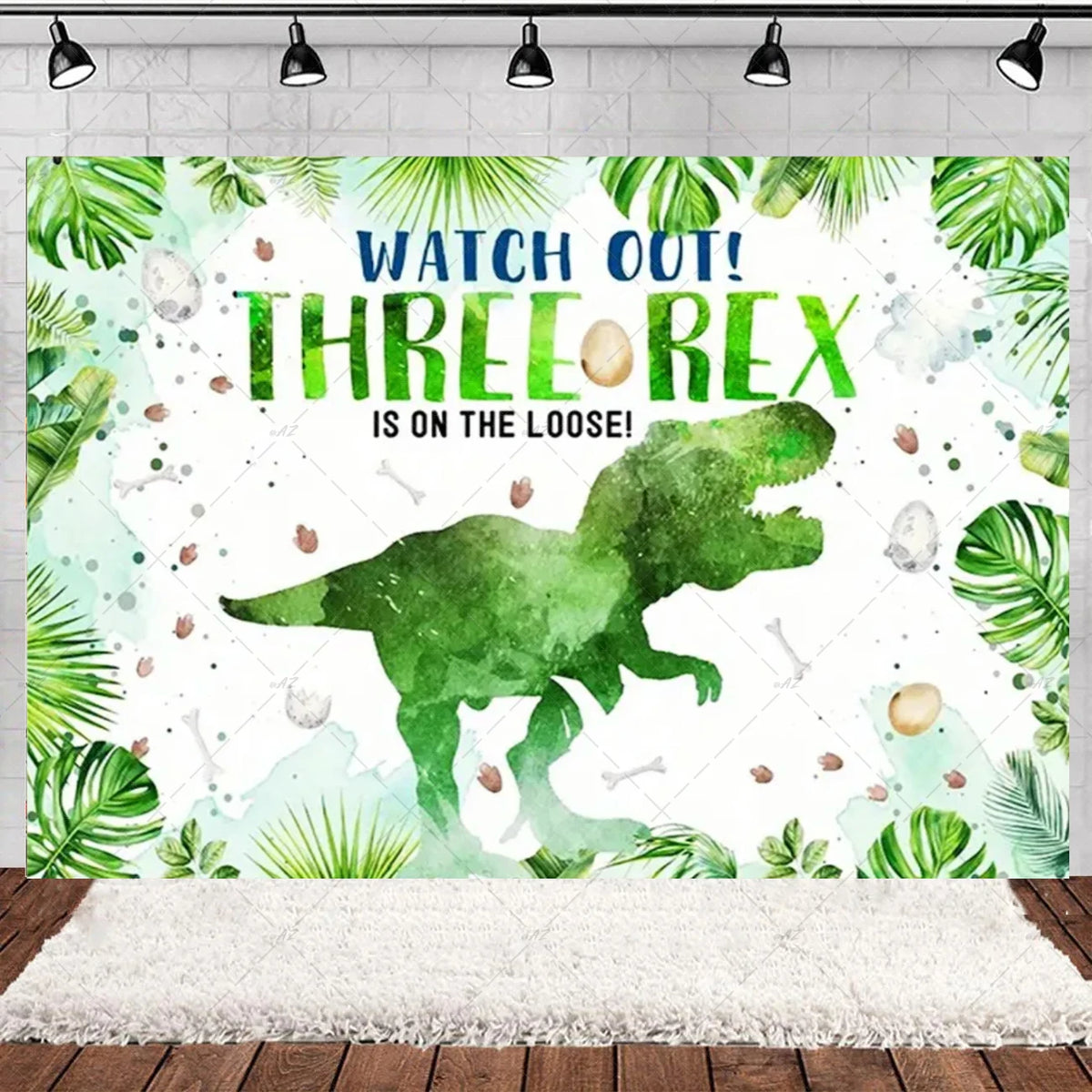 A vibrant watercolor illustration of a green dinosaur silhouette on a white background with tropical leaves and scattered nat