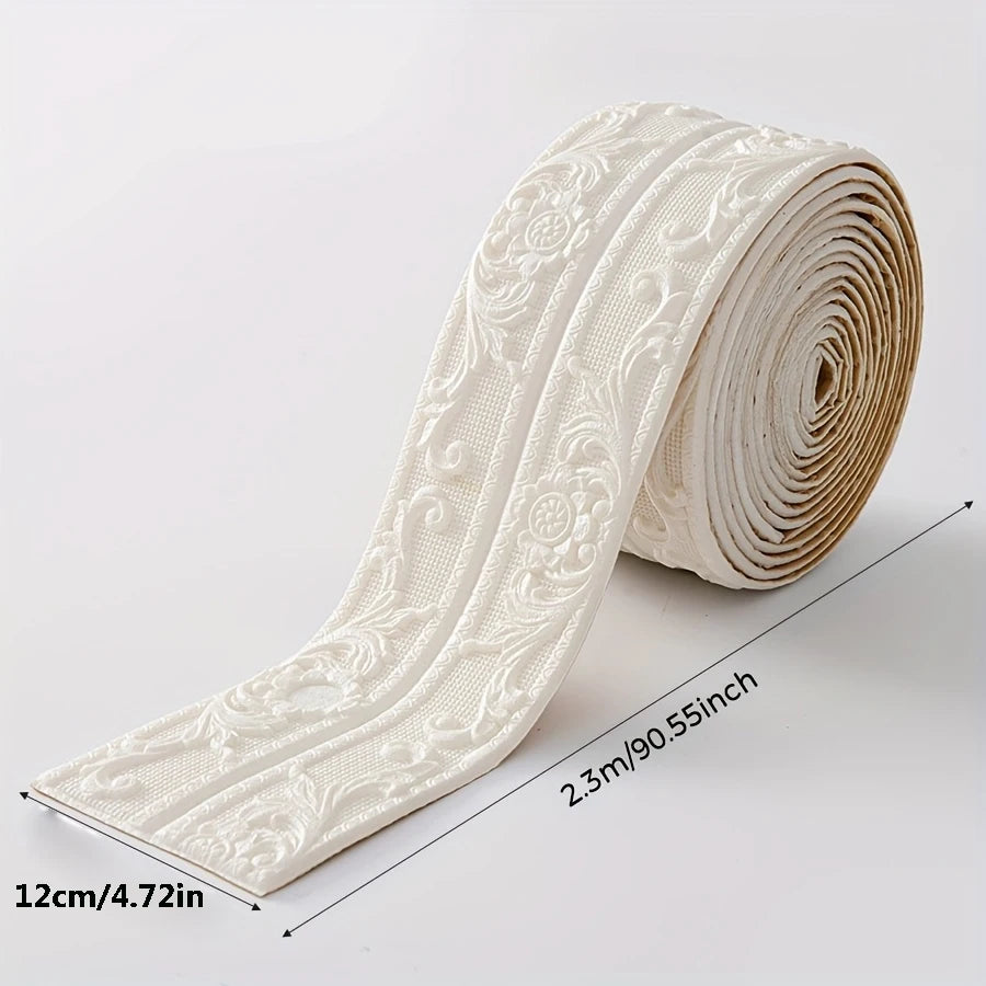Roll of white self-adhesive PE foam edge banding trim for walls, ceilings, and door frames