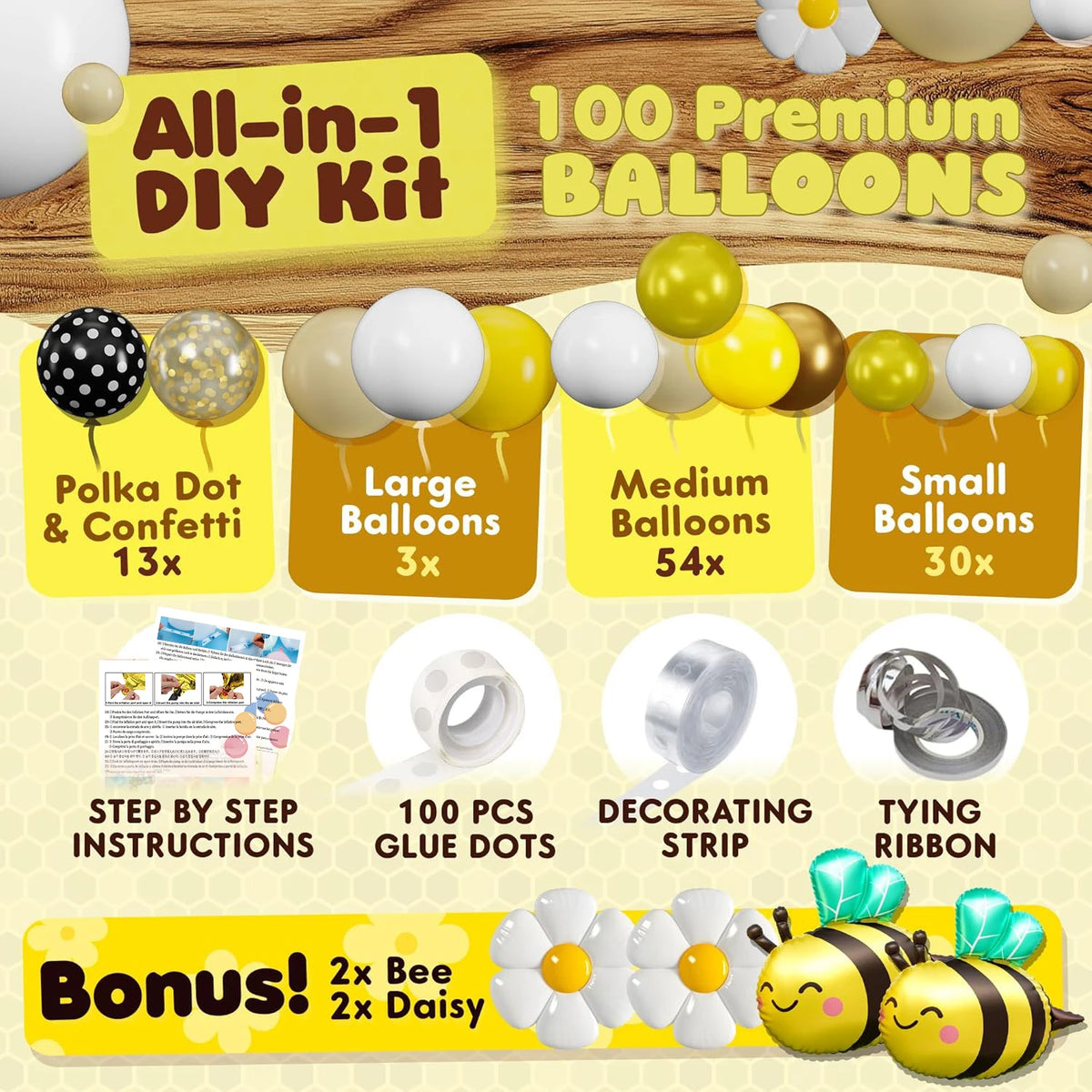 All-in-1 DIY kit featuring 100 premium balloons in various sizes and colors for decoration.