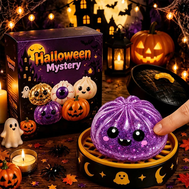 A purple glittery ghost dumpling toy sits in a wooden tray surrounded by Halloween decorations and pumpkins.