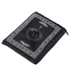 Black portable travel prayer mat with compass design featuring intricate geometric patterns.