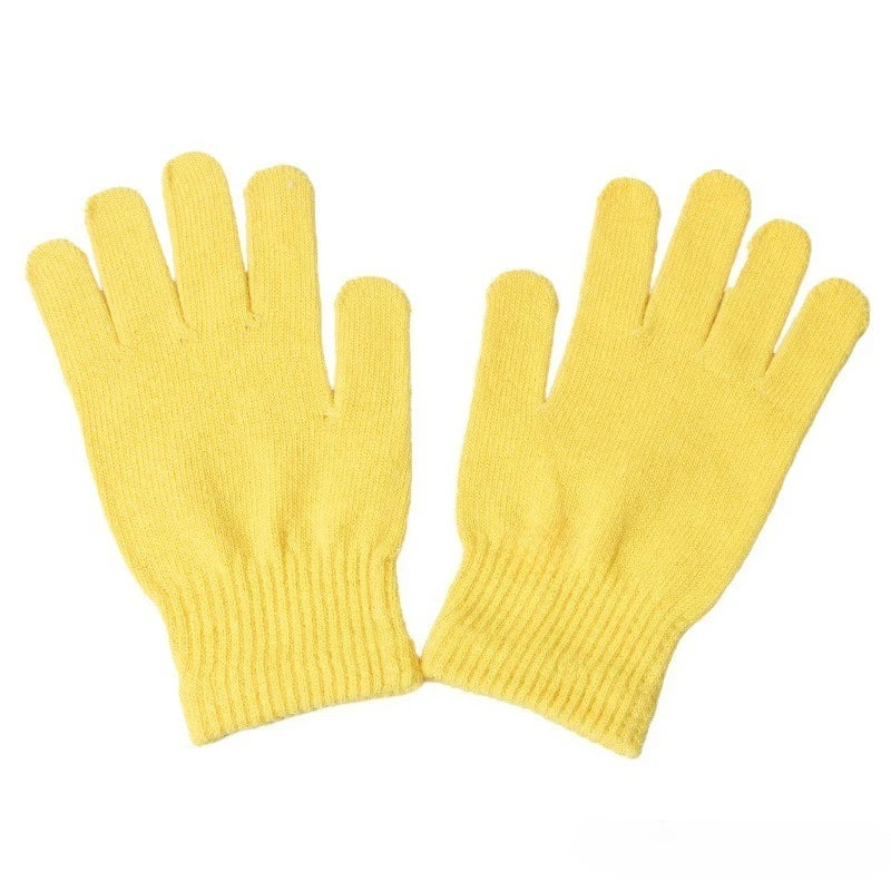 A pair of bright yellow knitted gloves.