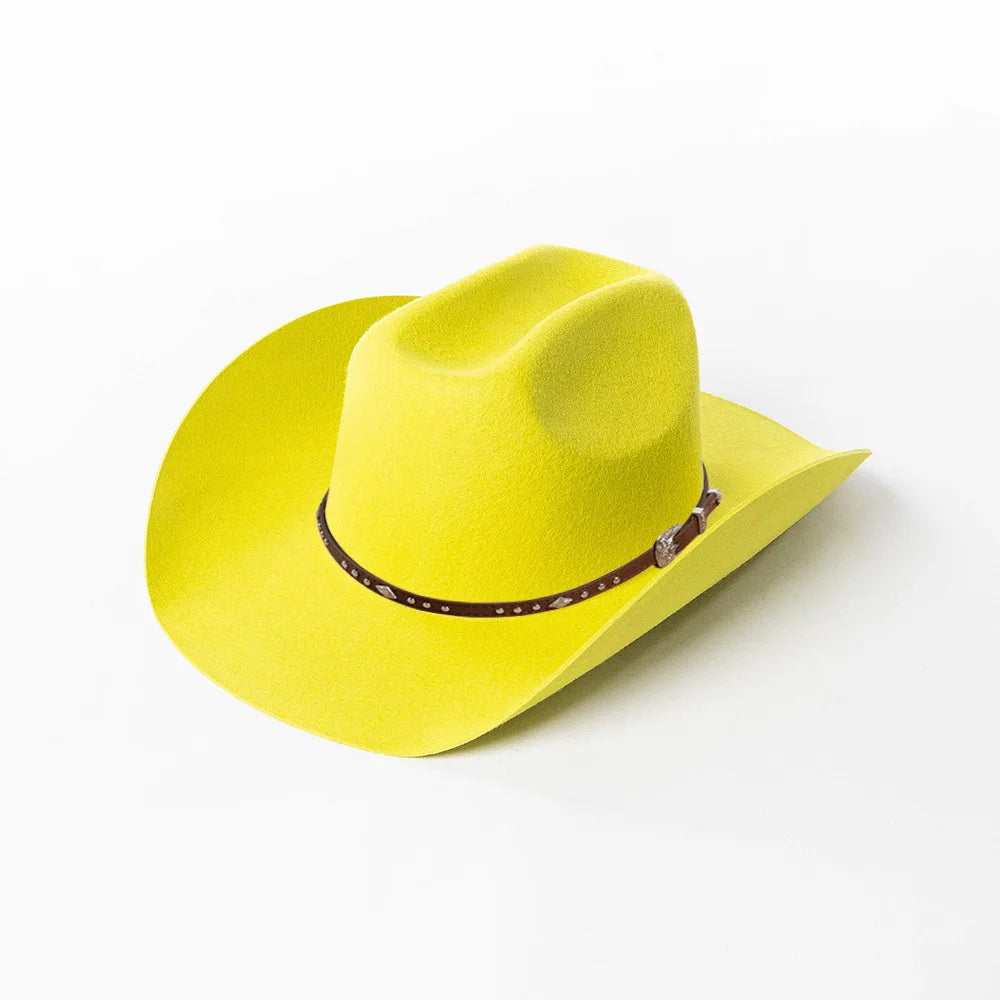 A bright yellow classic wool cowboy hat with a studded leather band shown from above.