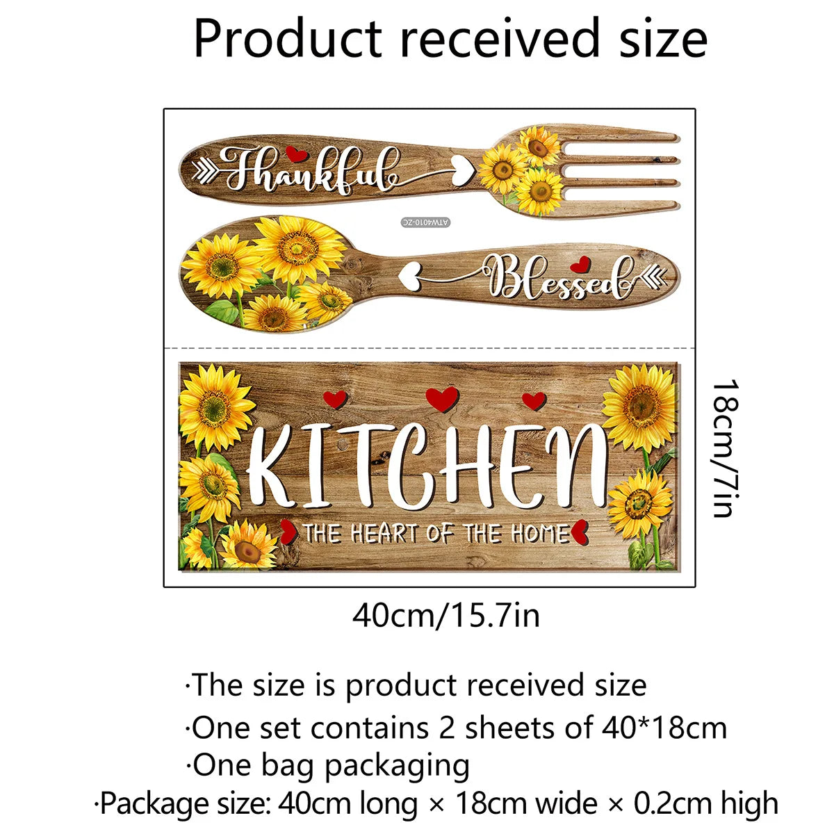 A set of wooden kitchen themed wall stickers featuring sunflowers and a blessed design