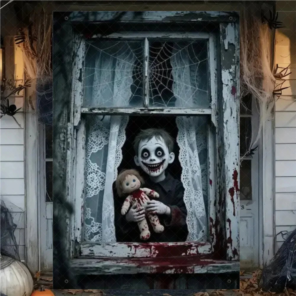 A spooky Halloween window decoration featuring a creepy face and spiderwebs on a distressed wooden frame.