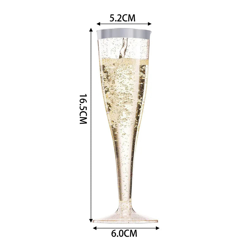 A tall, clear plastic champagne flute with a stem is shown against a white background.
