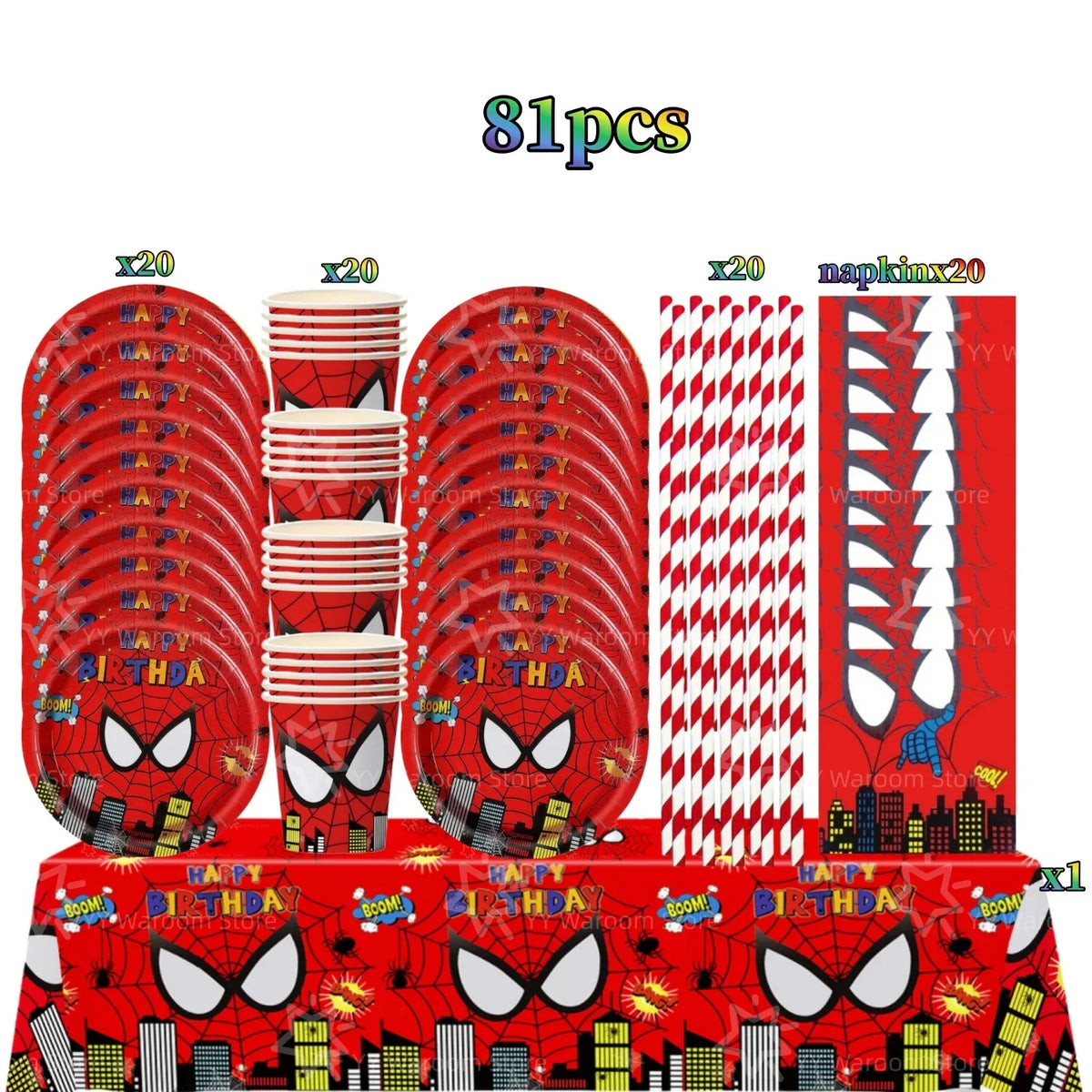 A set of 81 pieces of superhero themed party tableware including plates cups and napkins