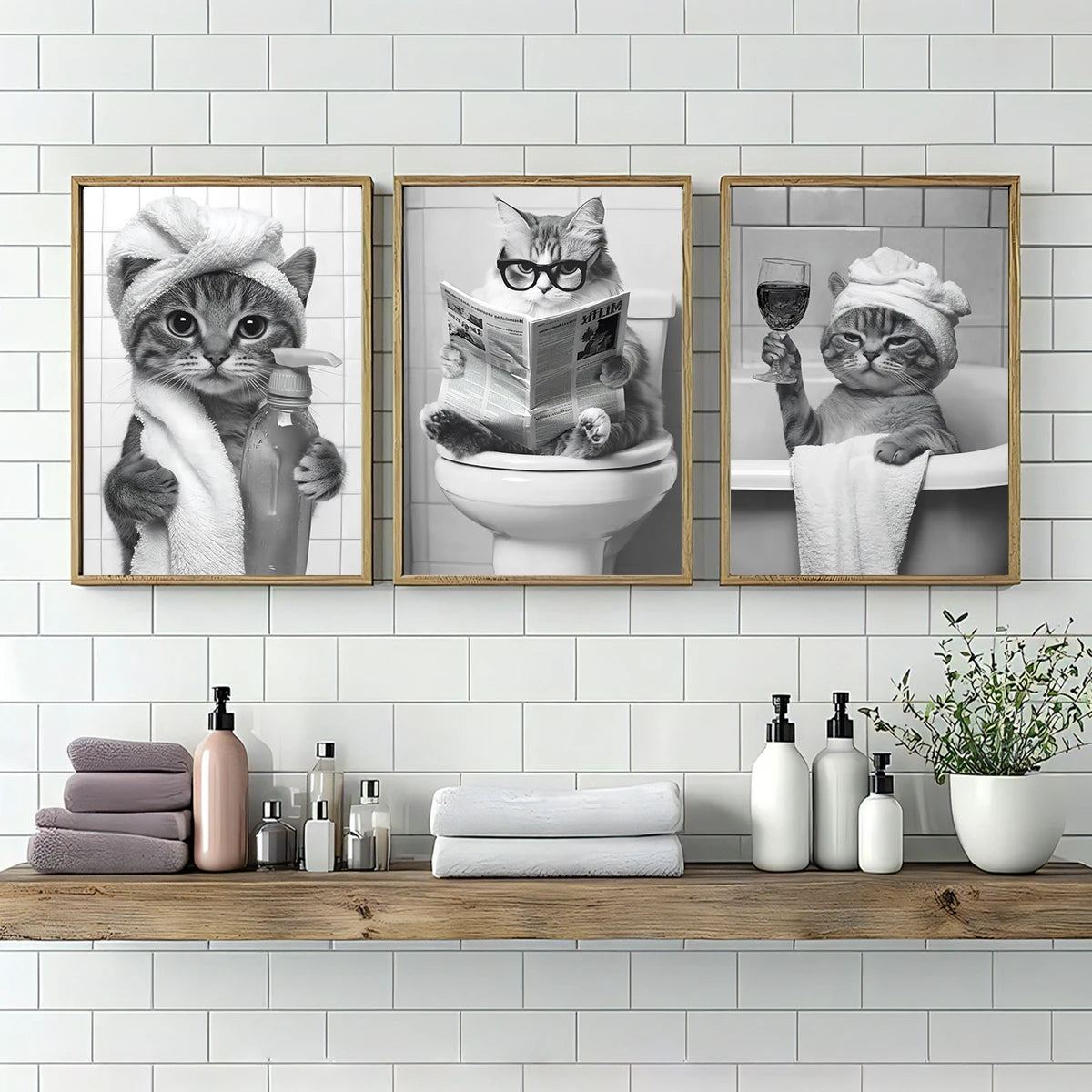 Un ensemble de trois impressions d'art sur toile représentant des chats dans diverses poses pour la décoration intérieure