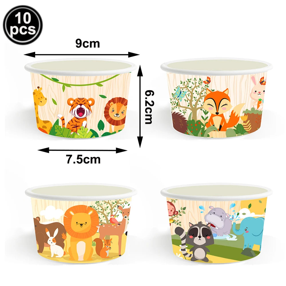Ten pieces of jungle safari animal birthday decorations featuring various wildlife characters like a giraffe, tiger, lion, fo