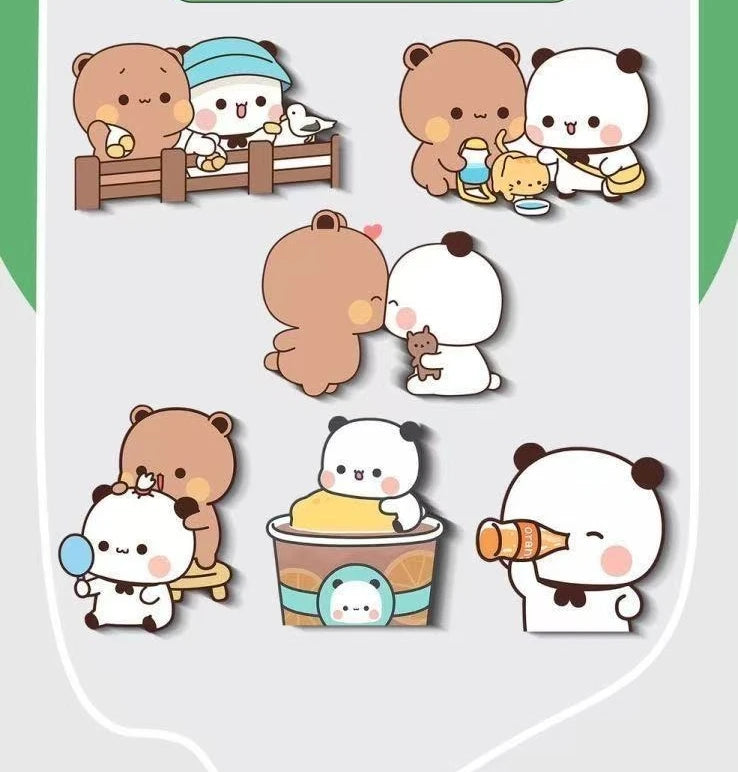 A set of cute panda-themed fridge magnets featuring various expressions and styles.