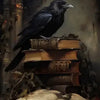 A dark raven perched on a stack of old books in a moody, gothic setting.