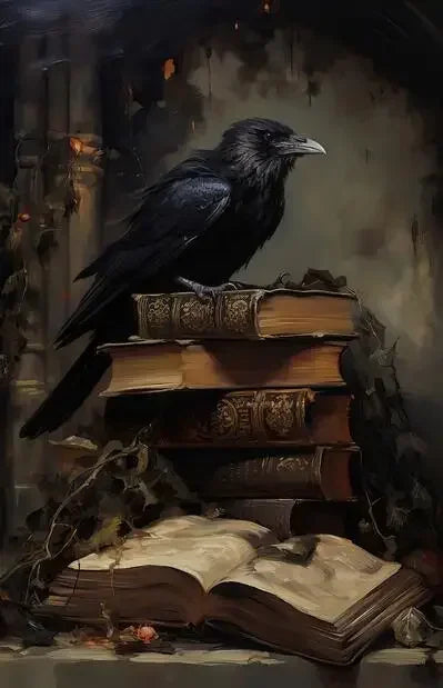 A dark raven perched on a stack of old books in a moody, gothic setting.