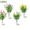 Twelve pieces of UV-resistant faux floral plants, including purple and yellow varieties, for outdoor decoration.