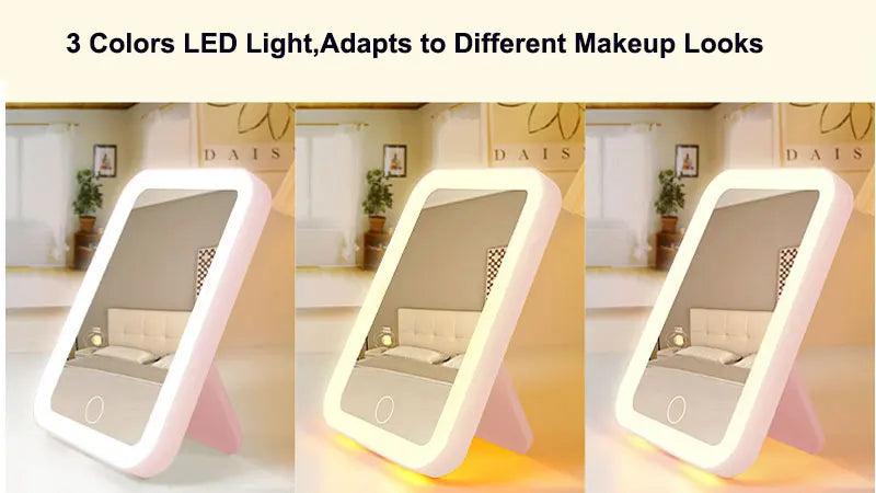 A white touch screen LED vanity mirror is shown in three different lighting modes, demonstrating various makeup looks.