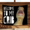 A black banner featuring text "Welcome to My Crib" and a realistic depiction of a duck's head.