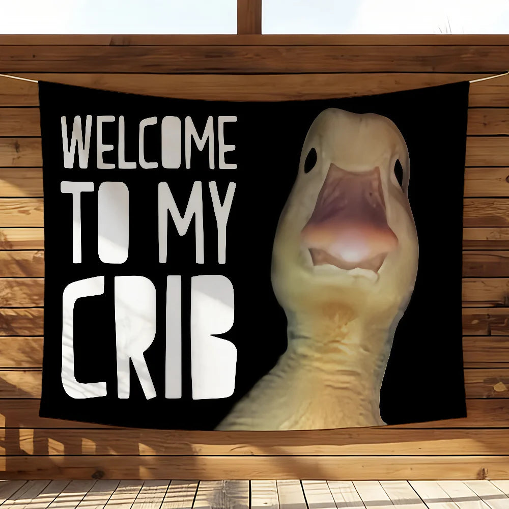 A black banner featuring text "Welcome to My Crib" and a realistic depiction of a duck's head.