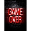 Letrero de neón rojo que deletrea GAME OVER en una pared de ladrillo oscura.