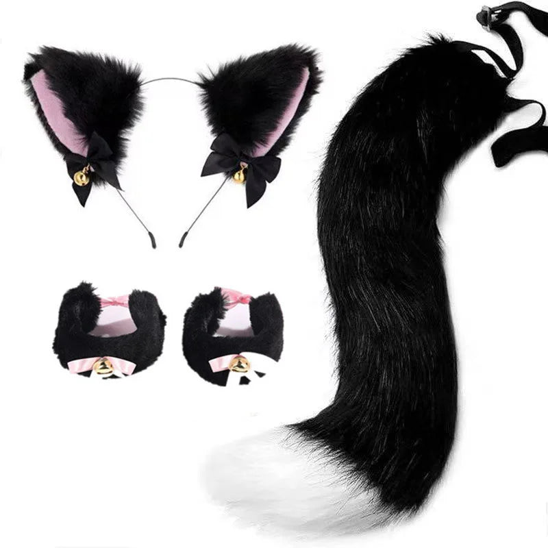 Black furry cat ear headband and tail costume set with pink accents