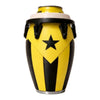 A yellow and black drum-style can holder with a star design.