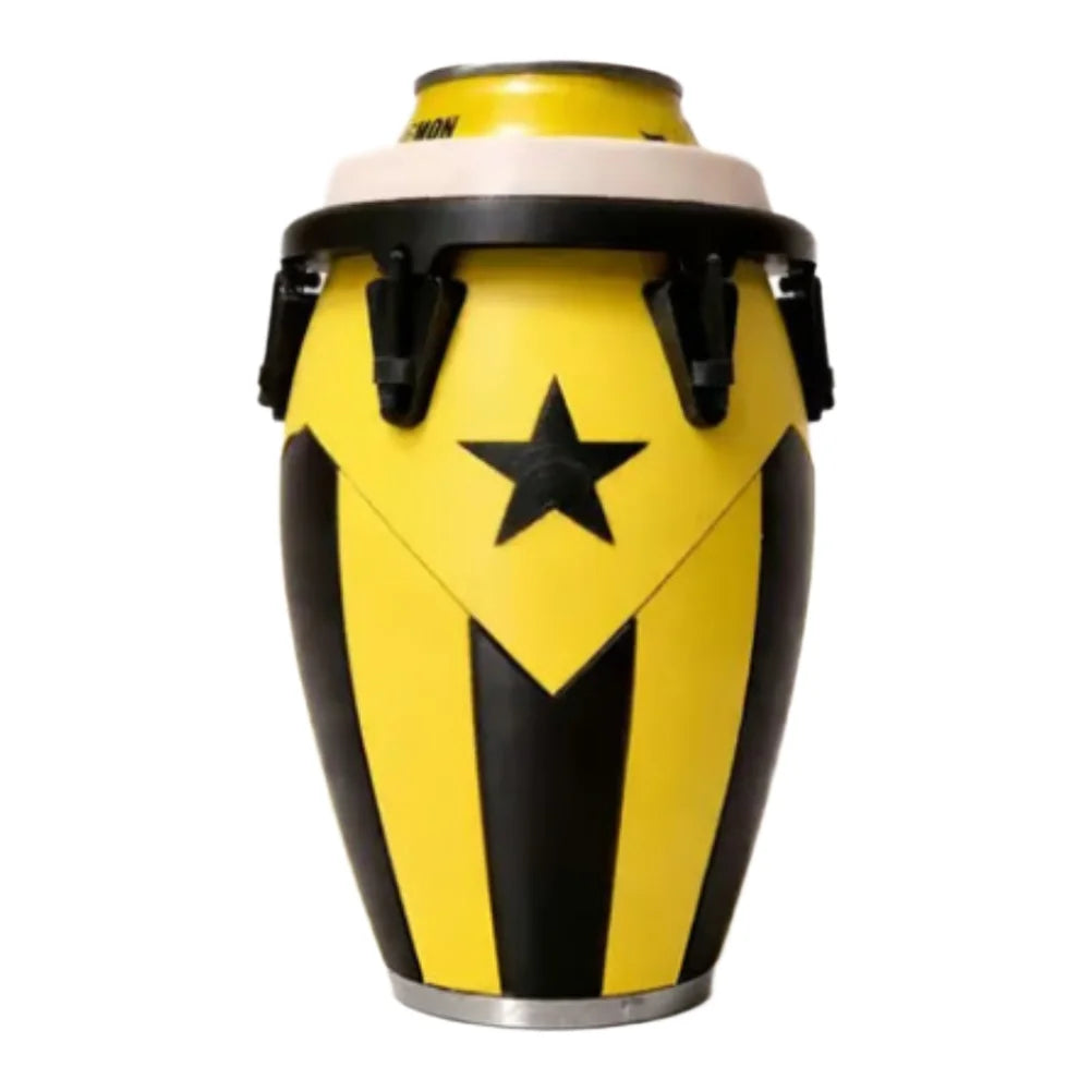 A yellow and black drum-style can holder with a star design.