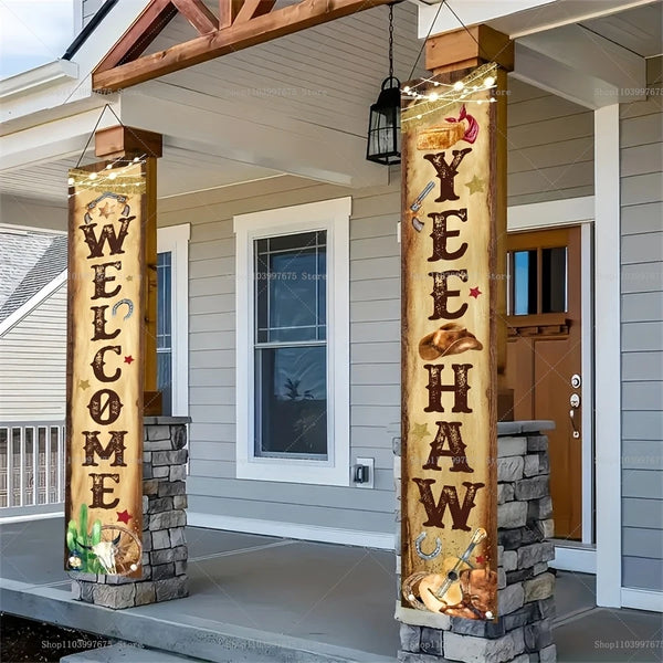 A wooden banner with the word WELCOME in gold lettering hangs between two stone pillars.