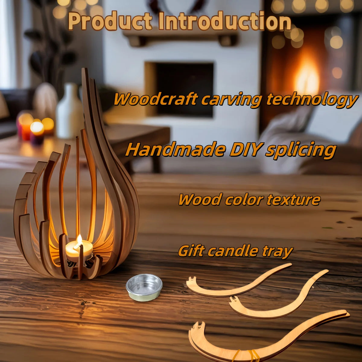 Handmade wooden lotus candle tray with curved wood pieces on a wooden surface