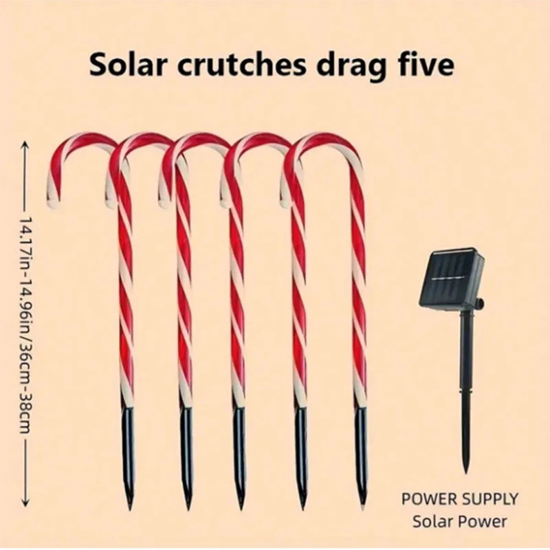 Five red and white candy cane shaped solar lights with power supply.