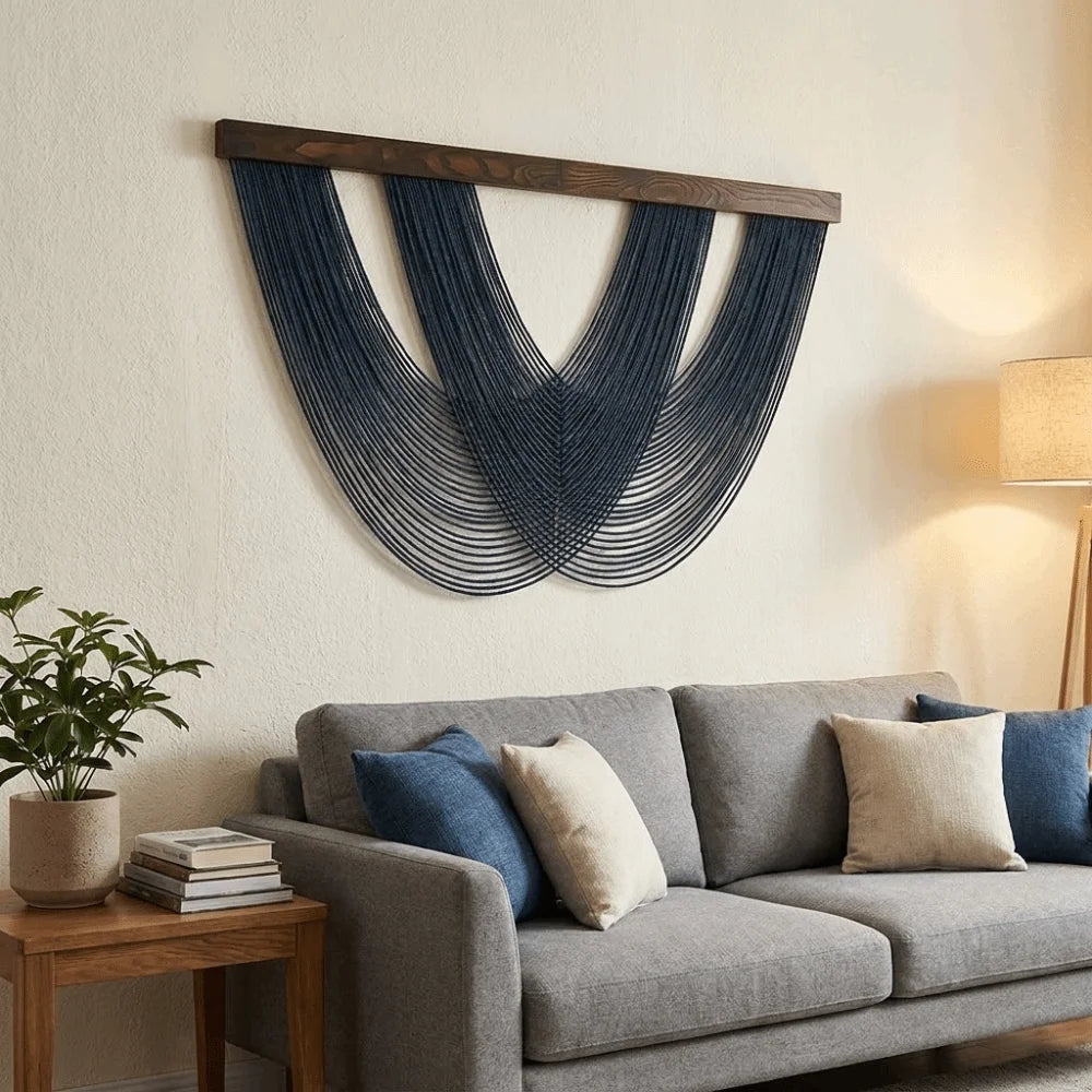 A gray sofa is positioned below a large blue macrame wall tapestry with wooden hangers.