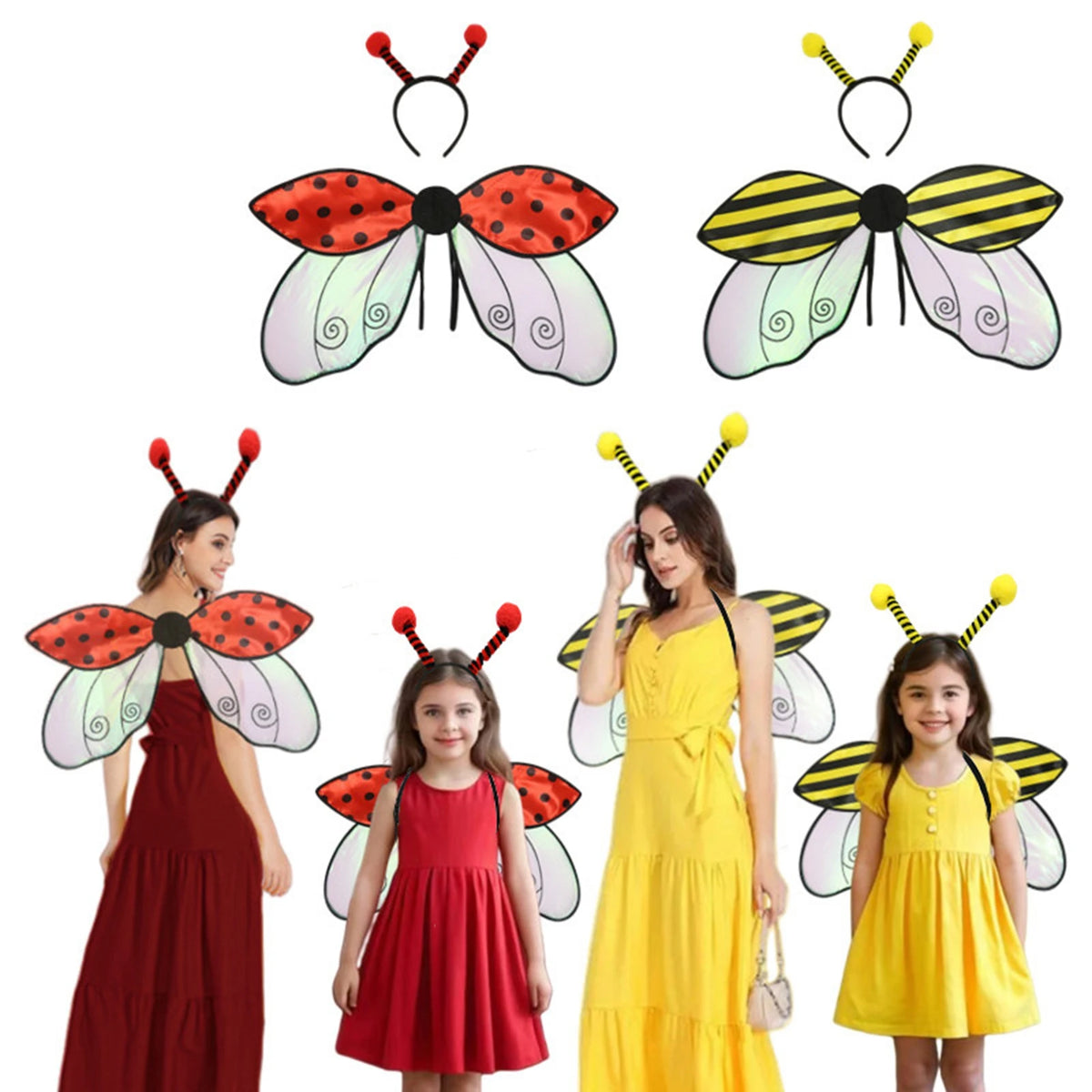 A set of insect wing and headband costume featuring red and black wings on a dark dress and yellow dress.