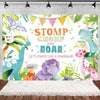A colorful cartoon dinosaur birthday party backdrop featuring various dinosaurs in a lush woodland theme.