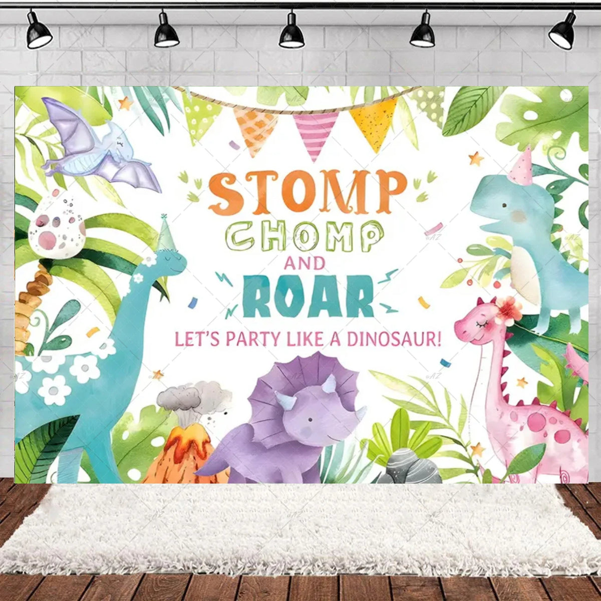 A colorful cartoon dinosaur birthday party backdrop featuring various dinosaurs in a lush woodland theme.