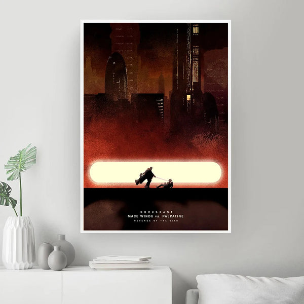 Abstract wall art featuring a silhouette of a character against a bright yellow glow in a dark cityscape background