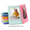 A set of ten colorful magnetic photo frames, including a mint green and pink frame with an inset photo.
