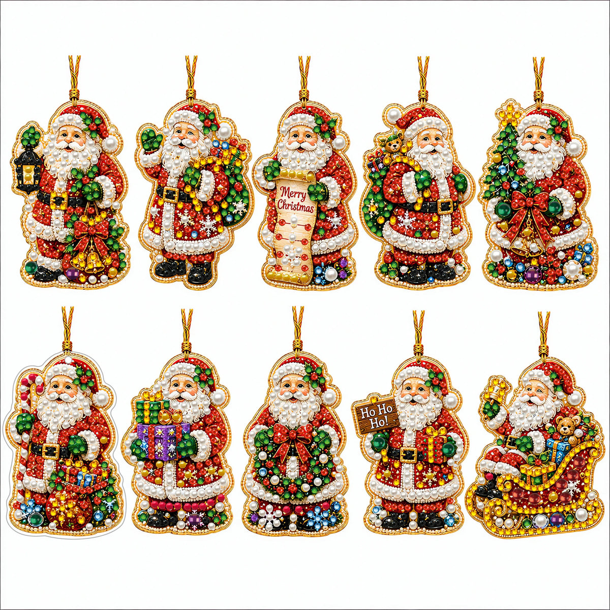 A set of Christmas diamond art ornaments featuring Santa, a snowman, and reindeer pendants.