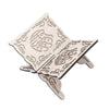 Handcrafted wooden Quran book stand featuring an intricate Arabesque design.