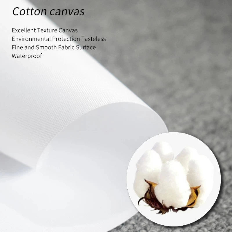 A roll of white cotton canvas fabric with a close-up view of fluffy white cotton fibers.