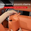 A hand installs a car seat back organizer and headrest hanger onto an orange car seat, demonstrating easy installation.