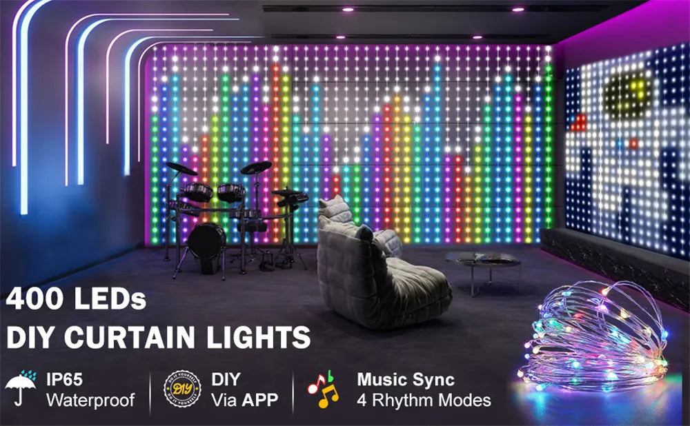 A display of colorful LED curtain lights illuminating a room, with a fluffy chair and a bundle of string lights visible.